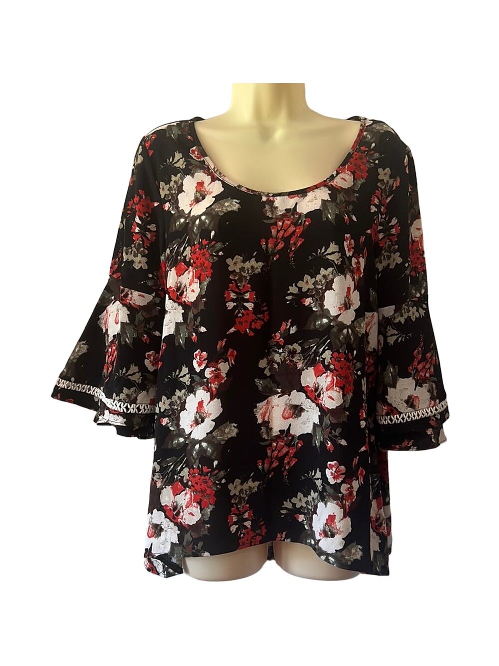 Corvia Black Floral Print Blouse woman Size Medium 3/4 Layer Bell Sleeves Boho